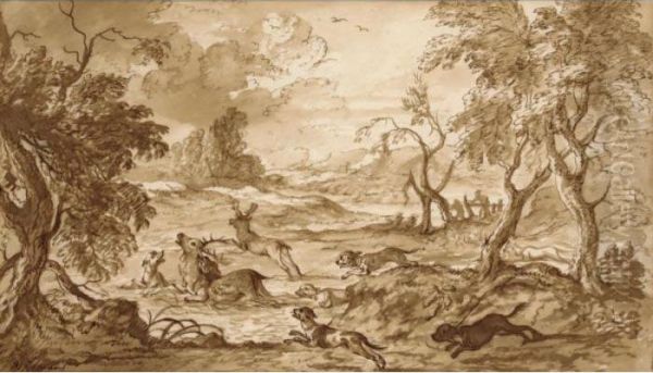 A Pack Of Dogs Chasing Two Stags Through Woodland Oil Painting by Michiel Carre