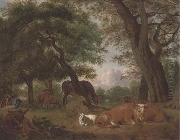 A Wooded Clearing With A Shepherd And Cattle Resting Oil Painting by Michiel Carre