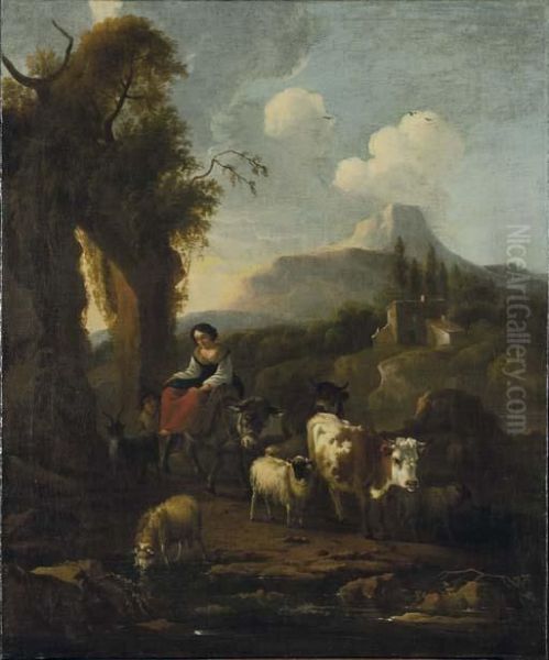 Pastorella E Armenti Al Guado Oil Painting by Michiel Carre