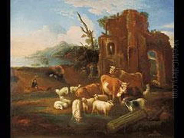 Herde Mit Hirte Vor Architektur
 Am Seeufer Oil Painting by Michiel Carre