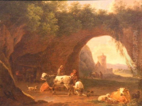 An Italianate Landscape With Cattle, Goats, Sheep And Figures Byclassical Ruins Oil Painting by Michiel Carre