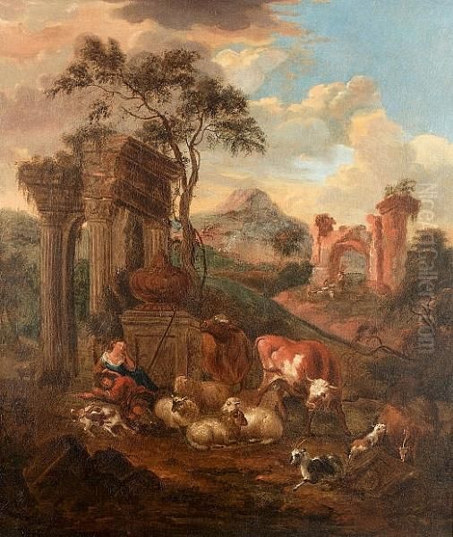 A Shepherd And Shepherdess With Sheep, Goats And Cattle Resting Before Ruins Oil Painting by Michiel Carre