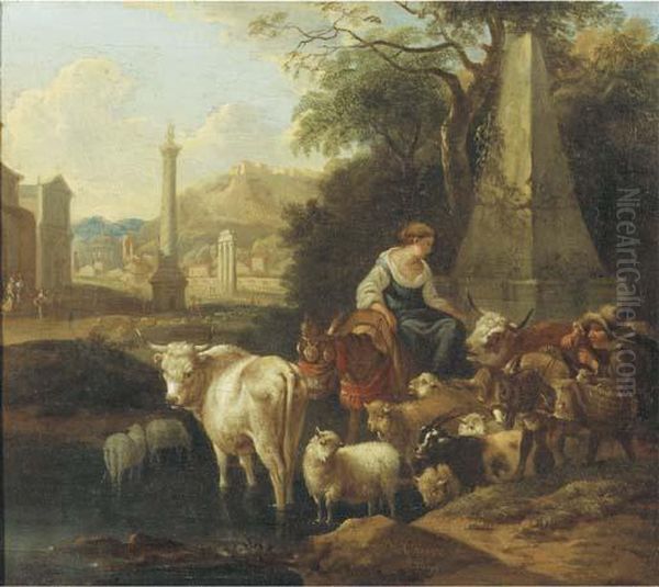 An Italianate Landscape With Shepherds And Their Cattle By Afountain Oil Painting by Michiel Carre