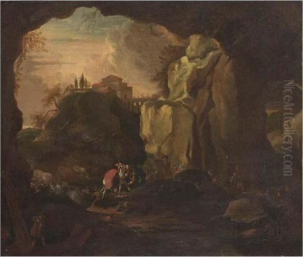 Brigands Attacking Horsemen In A Mountainous Landscape Oil Painting by Michiel Carre