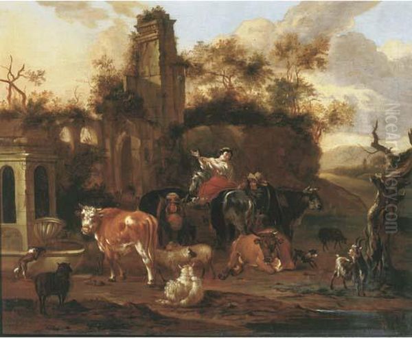 An Italianate Landscape With Shepherds And Their Cattle Near A Ruin Oil Painting by Michiel Carre