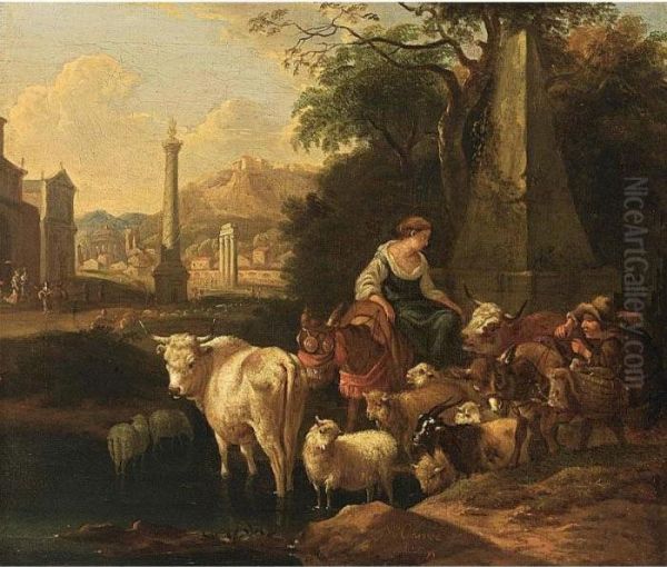 Shepherdess With Cattle Oil Painting by Michiel Carre