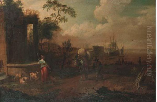 A Shepherdess And A Muleteer By A Wall, A Harbour Beyond Oil Painting by Michiel Carre