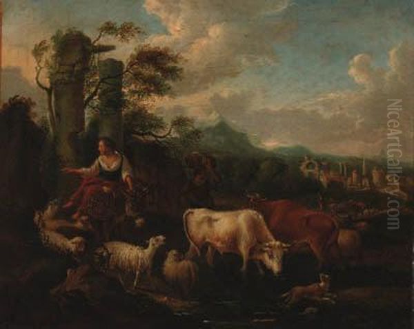 A Drover With Cattle, Sheep And A Dog Fording A Stream In Anitalianate Landscape Oil Painting by Michiel Carre