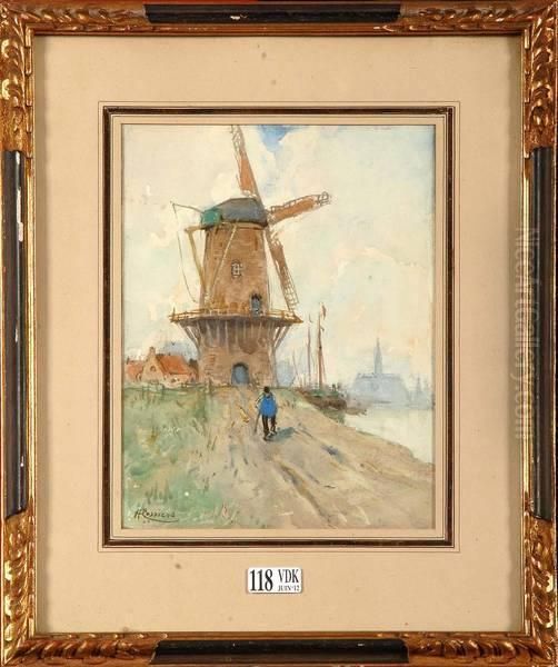 Paysage Anime Au Moulin A Vent Oil Painting by Hendrick, Henri Cassiers