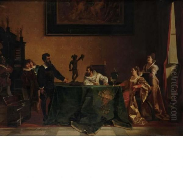 The Presentation Of The Model Of Perseus To The Medici Family Oil Painting by Amos Cassioli