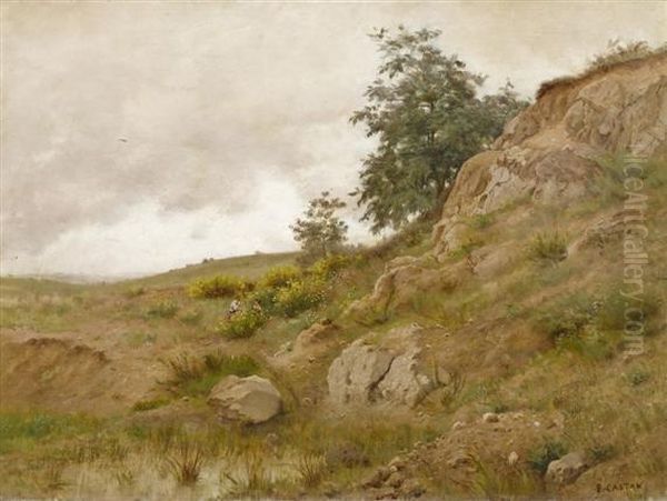 Landscape With Cliffs And Two Figures. Oil Painting by Gustave Castan