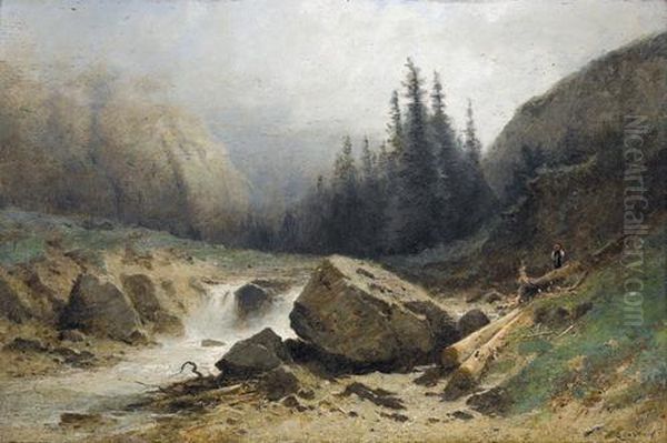 Reissender Gebirgsbach Mit Bauerin. Oil Painting by Gustave Castan