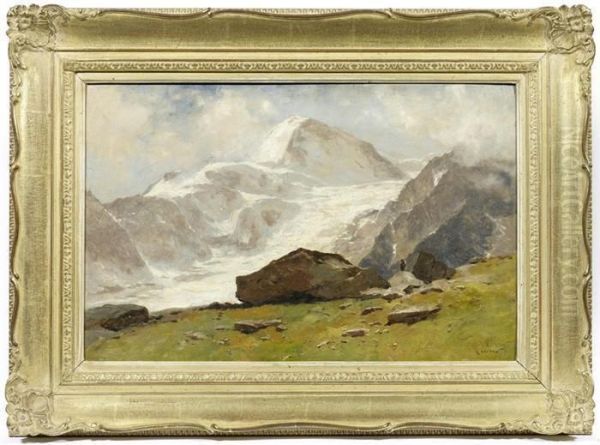 Landscape With Mountains. Les Vignes D'arolla Et Le Glacier De Zigiesnoia. Oil Painting by Gustave Castan