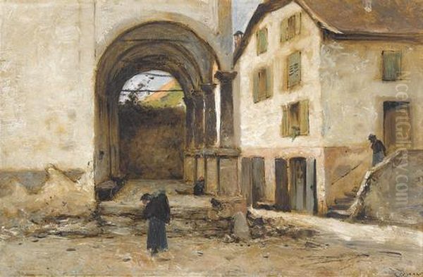 Strassenpartie Mit Kirche Und Figurenstaffage Oil Painting by Gustave Castan