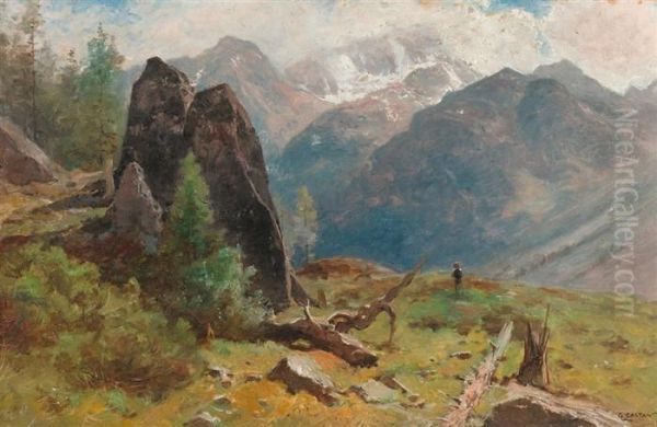 Berglandschaft Mit Hirtenjungen. Oil Painting by Gustave Castan