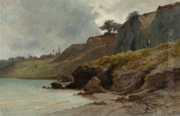 Rocky Coastal Landscape With Two Figures. Oil Painting by Gustave Castan