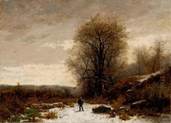 Paysage D'hiver Avec Chasseur 
Winter Landscape With Hunter Oil Painting by Gustave Castan