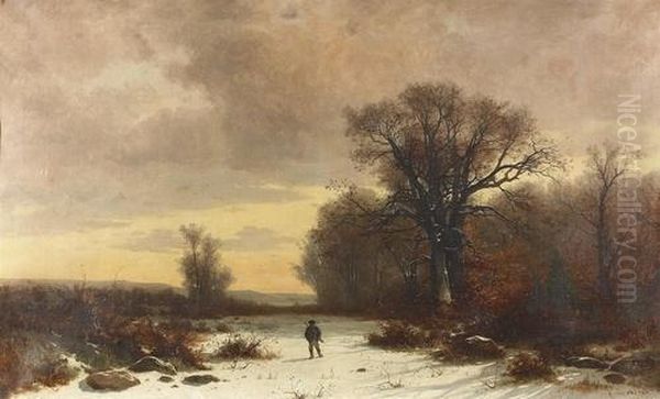 Jager In Winterlicher Landschaft. Oil Painting by Gustave Castan