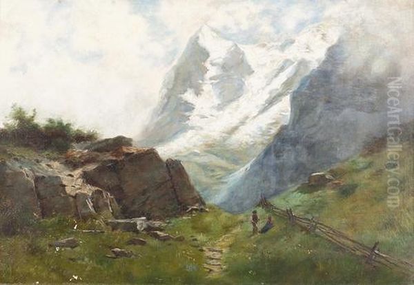 Sommerliche Gebirgslandschaft Im Wallis Mit Zweiwanderern. Oil Painting by Gustave Castan