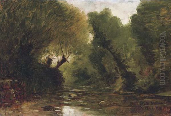 A Forest Stream - A Study Oil Painting by Gustave Castan