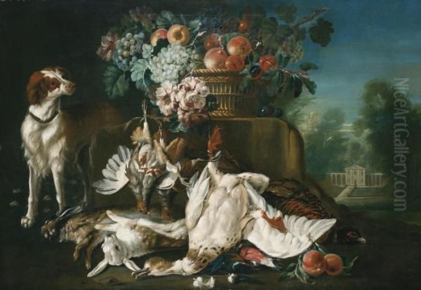 A Still Life In A Formal Garden 
Setting With Fruit Spilling Out Of A Basket Set On A Stone Ledge, A 
Spaniel And Dead Game On The Ground Beneath Oil Painting by Pieter III Casteels