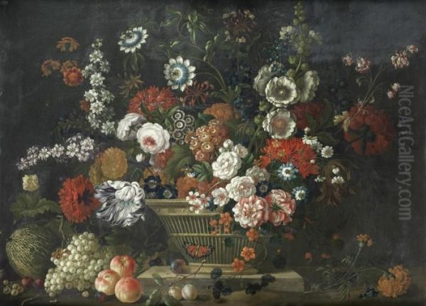 Roses, Tulips, Hollyhocks, 
Poppies, Passion And Other Flowers In A Basket On A Stone Ledge With A 
Melon, Grapes And Peaches Oil Painting by Pieter III Casteels