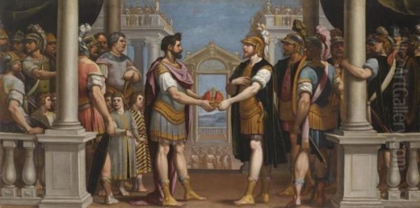 The Reconciliation Between Romulus And Titus Tatius, King Of The Sabines Oil Painting by Bernardo Castello