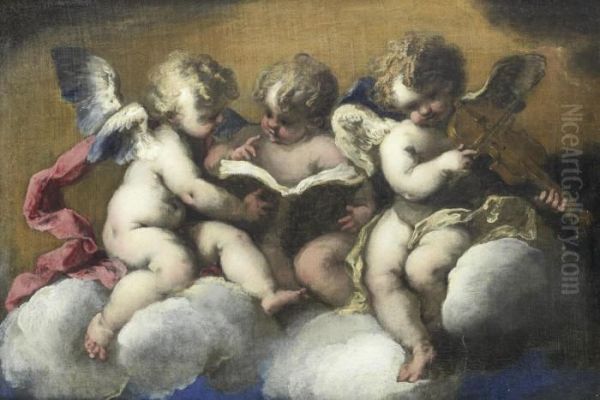 Three Putti Sitting On A Cloud Reading, Two Reading, One Playing A Violin Oil Painting by Valerio Castello