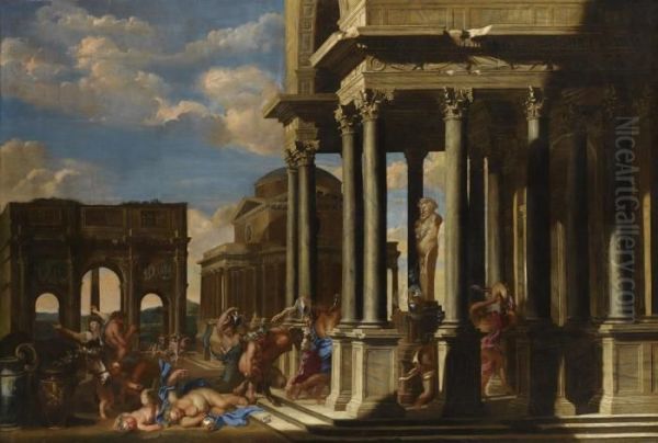 An Architectural Capriccio With A Bacchanalian Procession Oil Painting by Giovanni Benedetto Castiglione