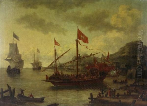 Venetian And Other Ships In A Mediterranean Harbour Oil Painting by Lorenzo A. Castro