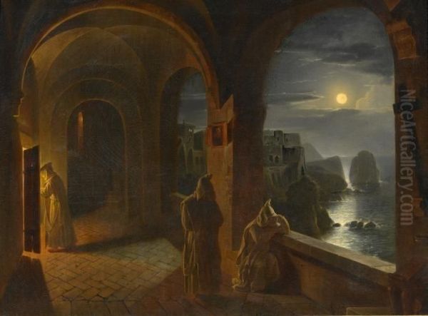 Carthusian Monks In Certosa Di San Giacomo On Capri Oil Painting by Franz Ludwig Catel