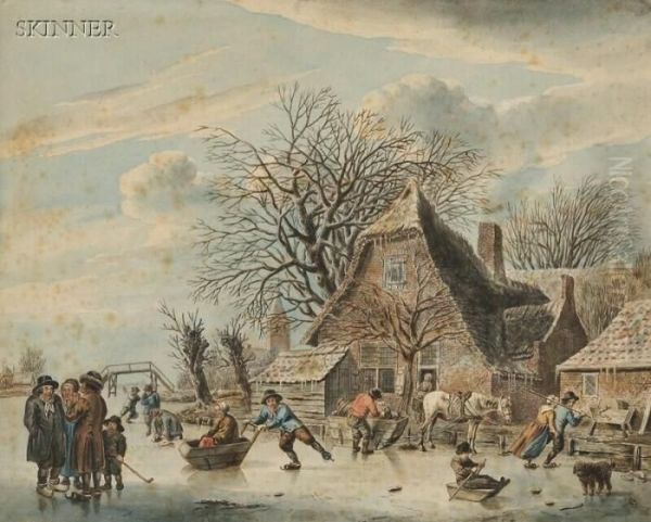 Skaters On A River Beside A Brick House Oil Painting by Jacob Cats