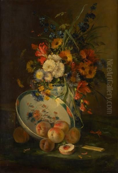 Composition Aux Fleurs Et Aux Peches Oil Painting by Eugene Henri Cauchois