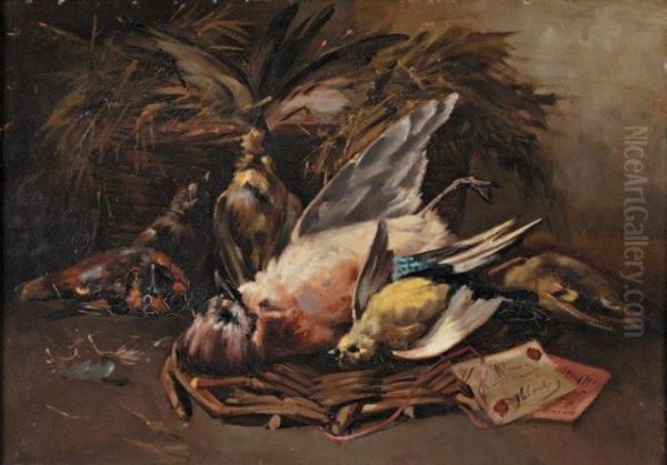 Nature Morte Au Chardonneret, Loriot Et Geai Oil Painting by Eugene Henri Cauchois