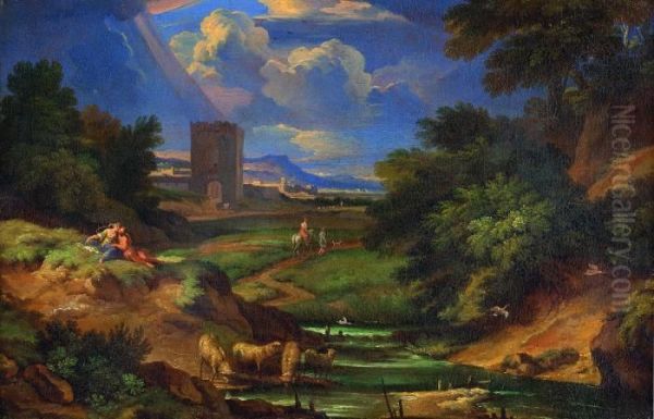 Paesaggio Fluviale Con Figure, Armenti E Torre 
Paesaggio Fluviale Con Figure Femminili E Fortezza Oil Painting by Pieter the Younger Mulier