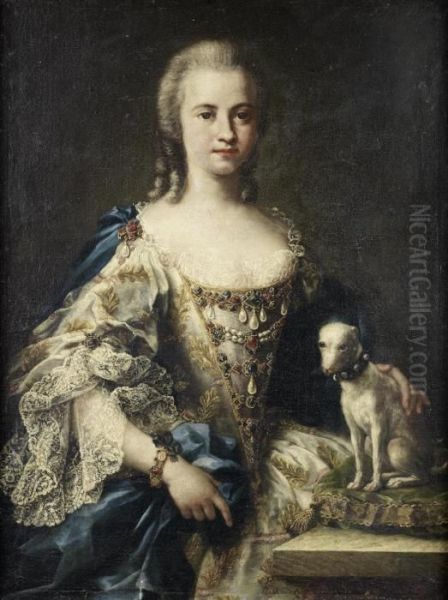 Portrait Of A Lady, Half-length,
 In An White Embroidered Dress And A Blue Sash, Standing Beside Her Dog Oil Painting by Sebastiano Ceccarini