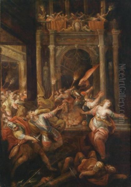 A Scene From The Trojan War: The Death Of King Priam Oil Painting by Andrea Celesti