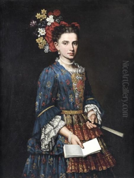 Portrait Of A Lady, Three-quarter-length, In A Blue Embroidered Dress, Holding A Fan Oil Painting by Giacomo Ceruti (Il Pitocchetto)