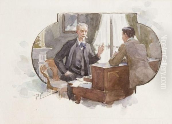 Projet D'illustration Representant Deux Hommes Dans Un Bureau Oil Painting by Paul Chabas