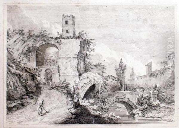 Paysage Anime D'italie Avec Ruine Et Pont Oil Painting by Charles Michel-Ange Challe