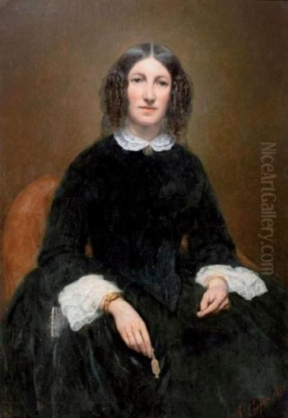 Portrait De Femme Tenant Un Face A Main Oil Painting by Charles Josua Chaplin