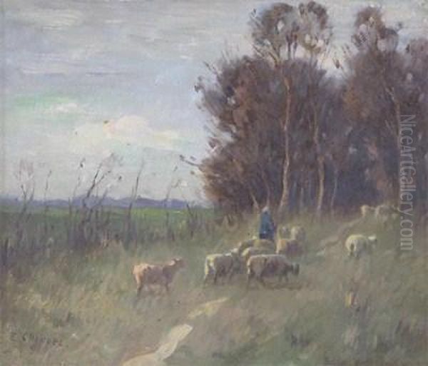 A Shepherdess And Flock Oil Painting by Edward Chappel