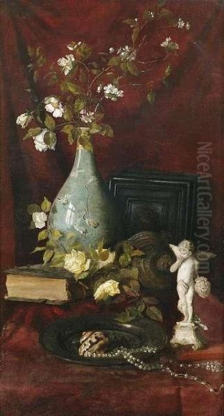 Stilleben Mit Blumen, Buchern, Perlenkette Und Statuette Oil Painting by Hugo Charlemont