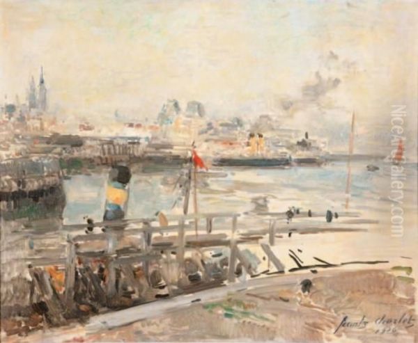 Vue D'un Port Avec Vapeur Oil Painting by Frantz Charlet