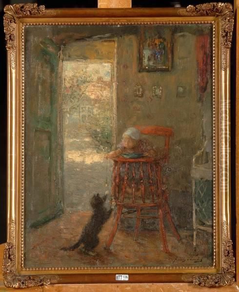 Bebe Jouant Avec Un Chat Dans Un Interieur Oil Painting by Frantz Charlet