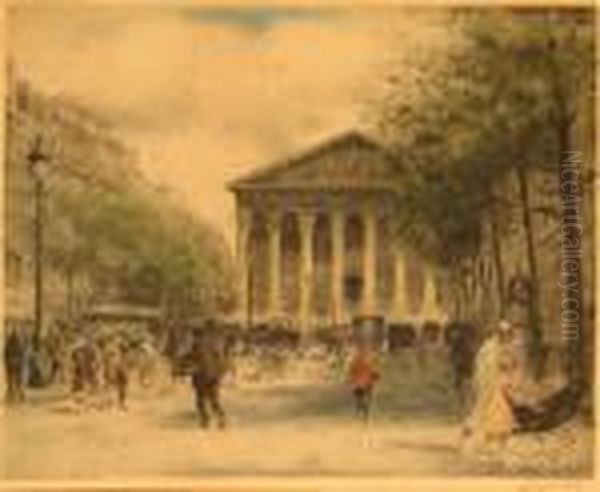 Voitures Devant La Madeleine A Paris Oil Painting by Frantz Charlet