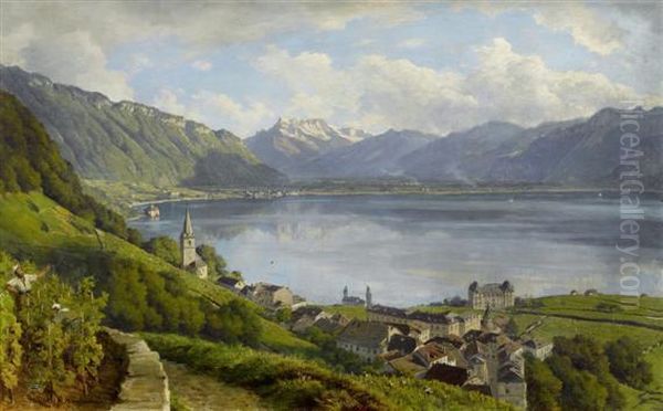 View From Montreux Over Lake Geneva And Dents Du Midi Oil Painting by Alfred Chavannes