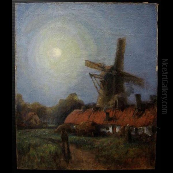 Figures By Windmill Under Moonlight Oil Painting by Georges Chavignaud