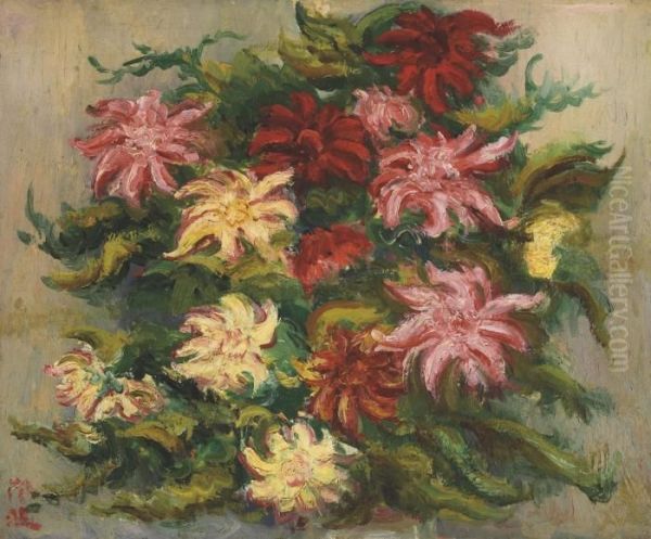 Flowers In Bloom Signed In Chinese Oil Painting by Chen Cheng-Po