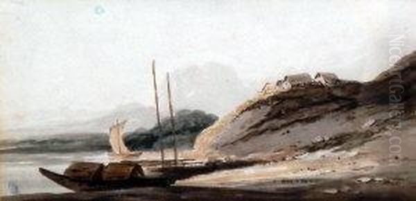 Beached Vessel With Cottages In A Tranquil Coastal Landscape Oil Painting by George Chinnery